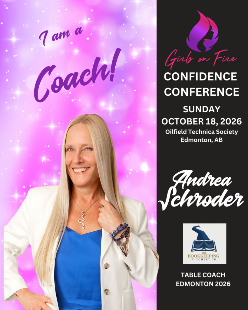 A smiling woman with long blonde hair in a white blazer stands in front of a pink background with text promoting the Girls on Fire Confidence Conference, coming to Edmonton in 2025, featuring Andrea Schroder as a table coach.